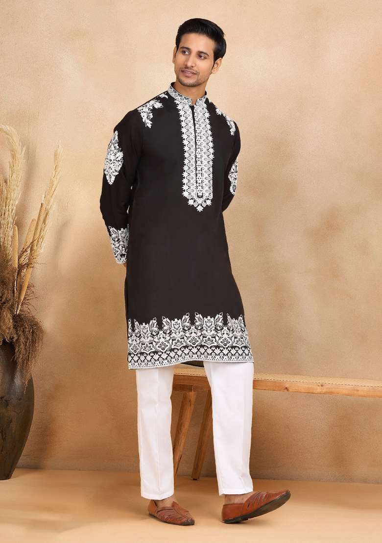 Black Yoke Design Cotton Silk Blend Kurta For Men - Indya