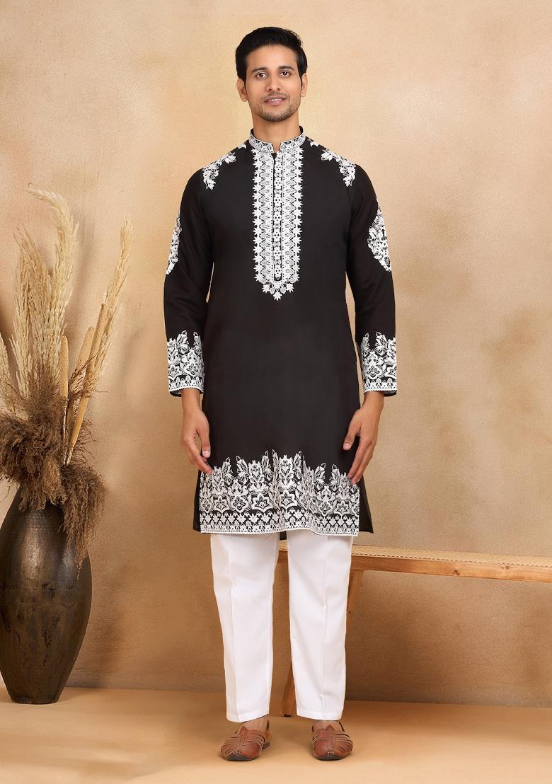 Black Yoke Design Cotton Silk Kurta For Men - Indya