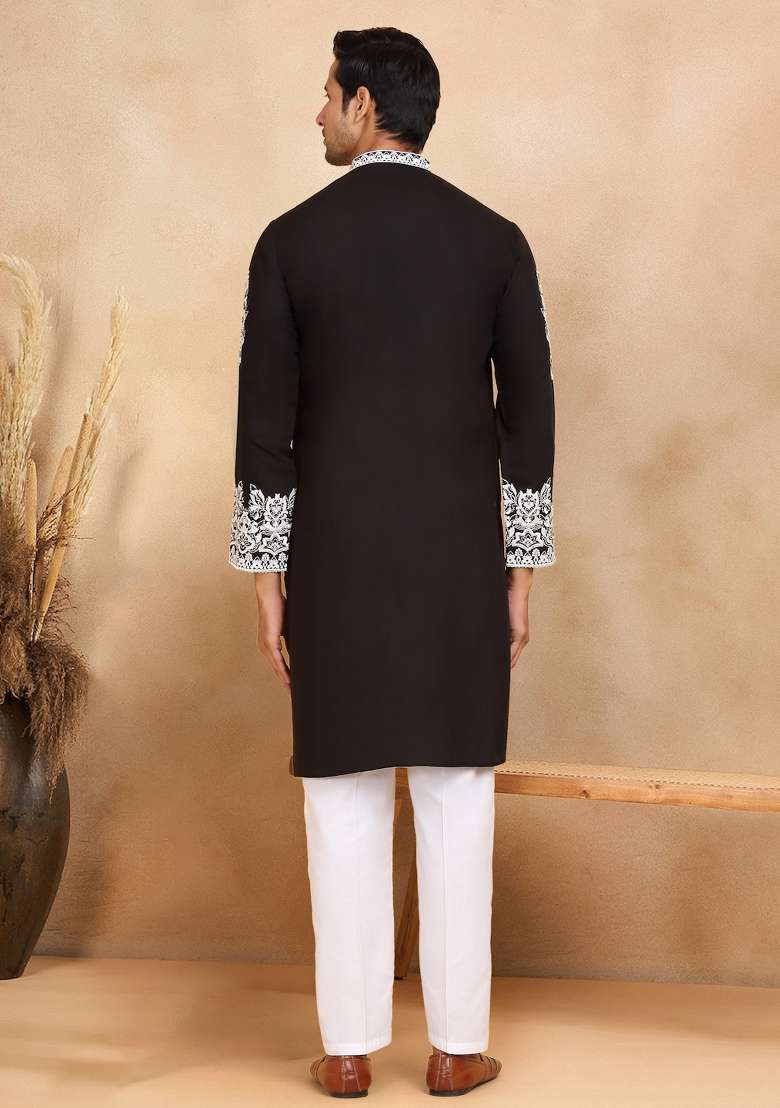 Black Yoke Design Cotton Silk Blend Kurta For Men - Indya