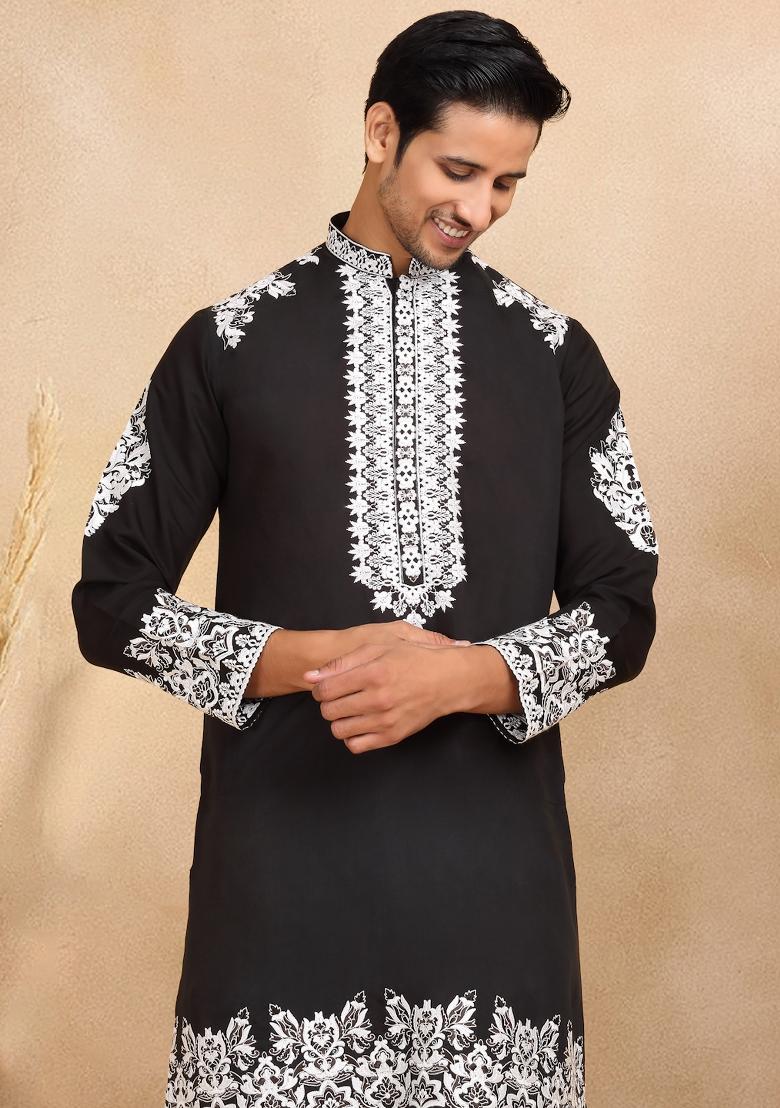Black Yoke Design Cotton Silk Kurta For Men - Indya