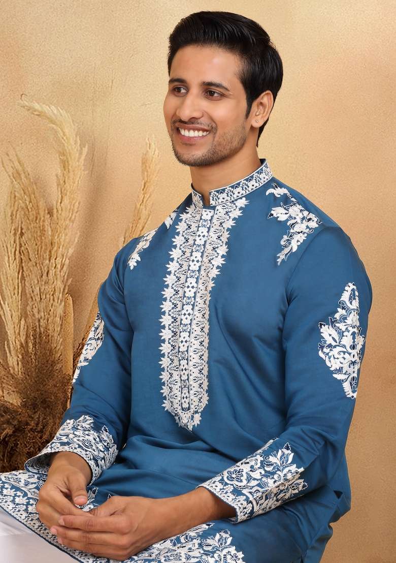 Blue Yoke Design Cotton Silk Blend Kurta For Men - Indya