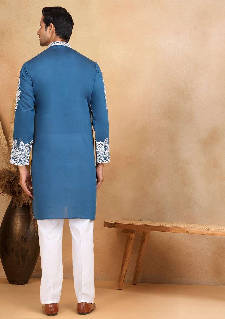 Blue Yoke Design Cotton Silk Blend Kurta For Men - Indya