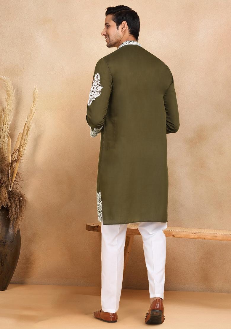 Olive Green Yoke Design Cotton Silk Kurta For Men
