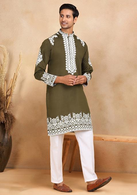 Olive Green Yoke Design Cotton Silk Kurta For Men