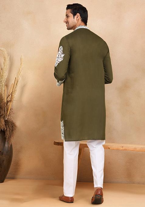 Olive Green Yoke Design Cotton Silk Kurta For Men