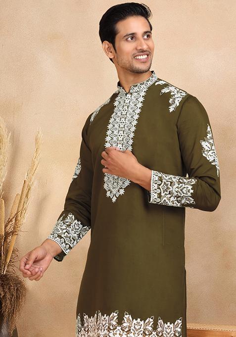 Olive Green Yoke Design Cotton Silk Kurta For Men