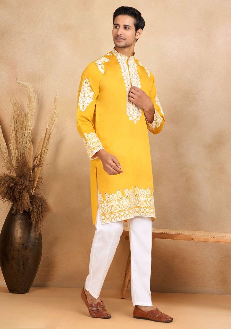 Mustard Yellow Yoke Design Cotton Silk Blend Kurta For Men - Indya