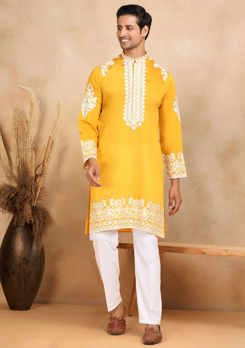 Mustard Yellow Yoke Design Cotton Silk Blend Kurta For Men - Indya