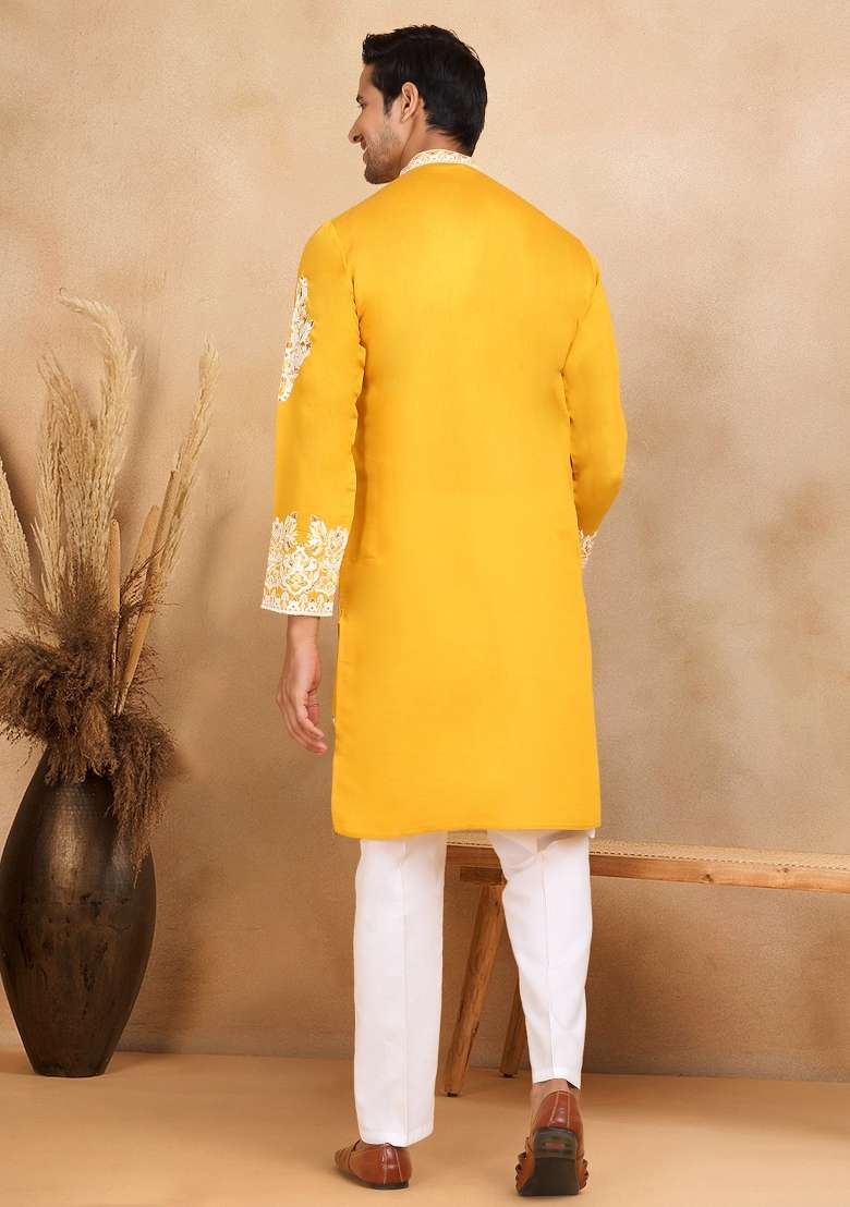 Mustard Yellow Yoke Design Cotton Silk Blend Kurta For Men - Indya