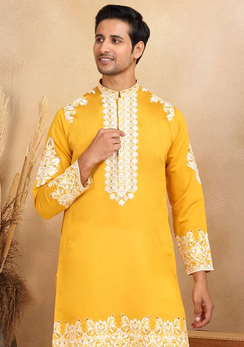 Mustard Yellow Yoke Design Cotton Silk Blend Kurta For Men - Indya