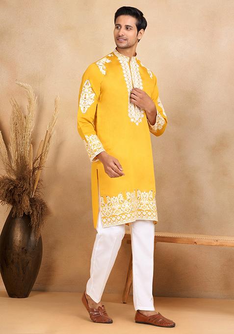 Mustard Yellow Yoke Design Cotton Silk Kurta For Men