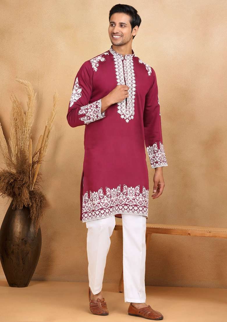 Maroon Yoke Design Cotton Silk Blend Kurta For Men - Indya
