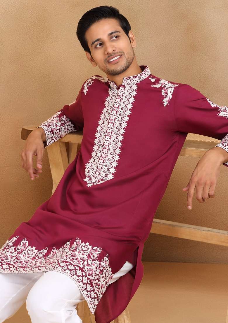 Maroon Yoke Design Cotton Silk Blend Kurta For Men - Indya