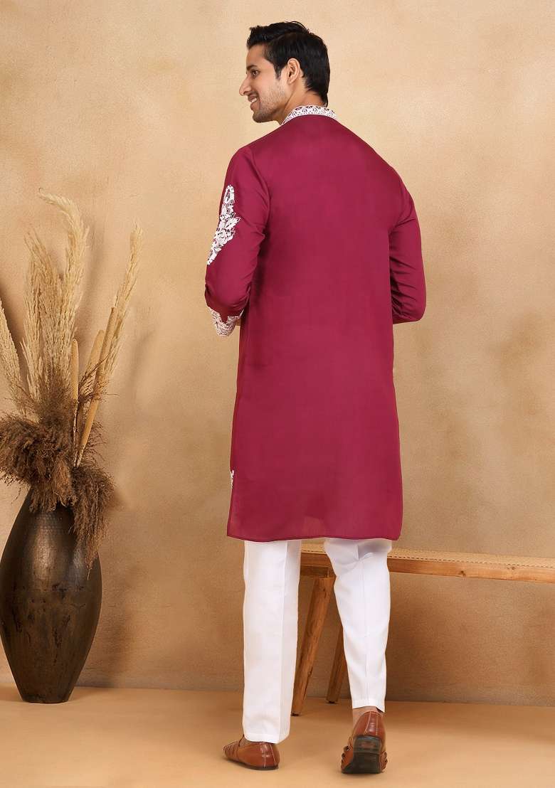 Maroon Yoke Design Cotton Silk Blend Kurta For Men - Indya