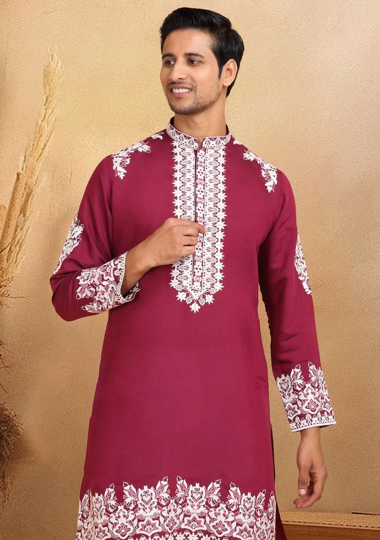 Maroon Yoke Design Cotton Silk Blend Kurta For Men - Indya