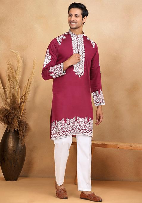 Maroon Yoke Design Cotton Silk Kurta For Men