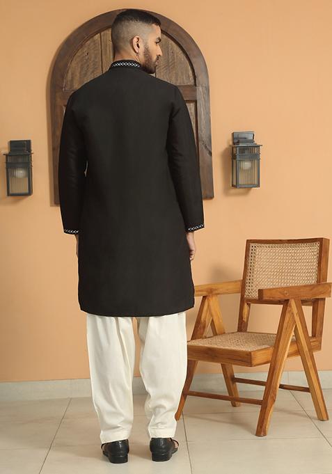 Black Ethnic Motifs Cotton Silk Kurta For Men