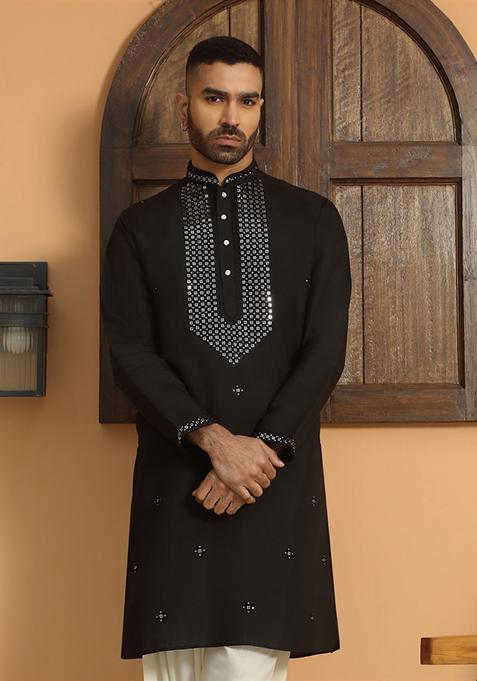 Black Ethnic Motifs Cotton Silk Kurta For Men