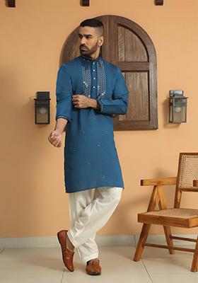 Blue Ethnic Motifs Cotton Silk Kurta For Men