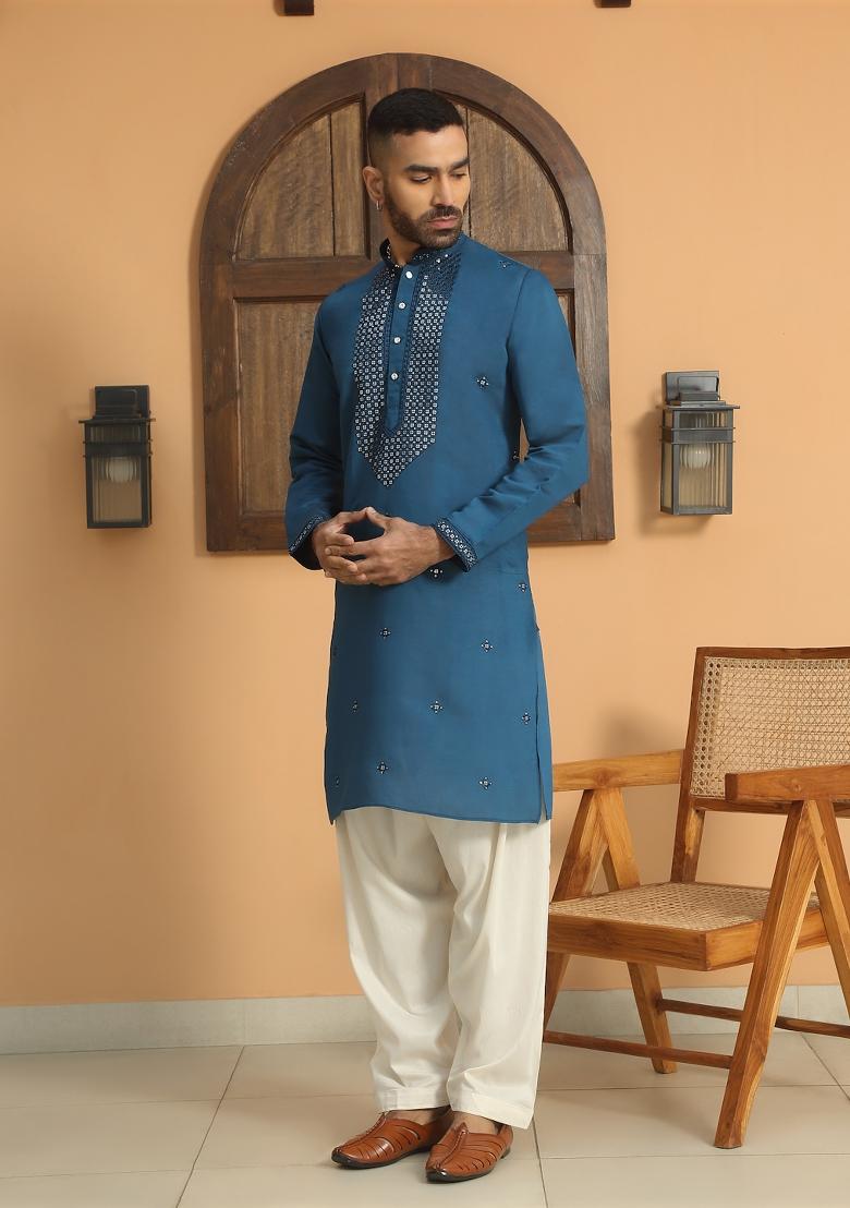 Blue Ethnic Motifs Cotton Silk Kurta For Men - Indya