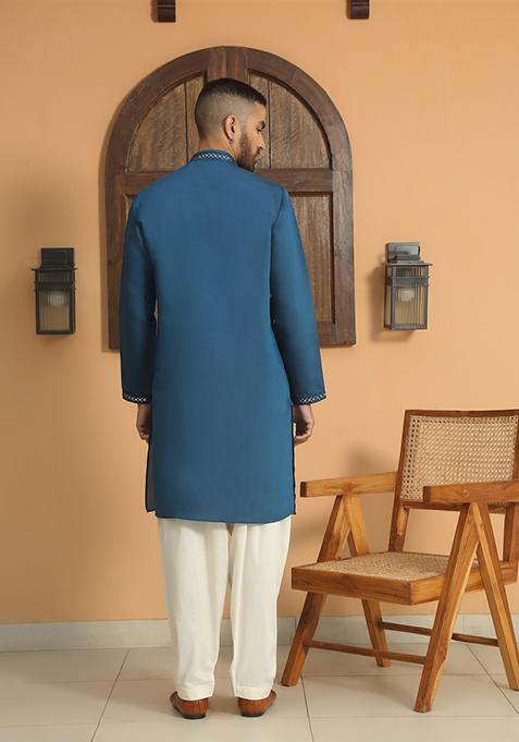 Blue Ethnic Motifs Cotton Silk Kurta For Men