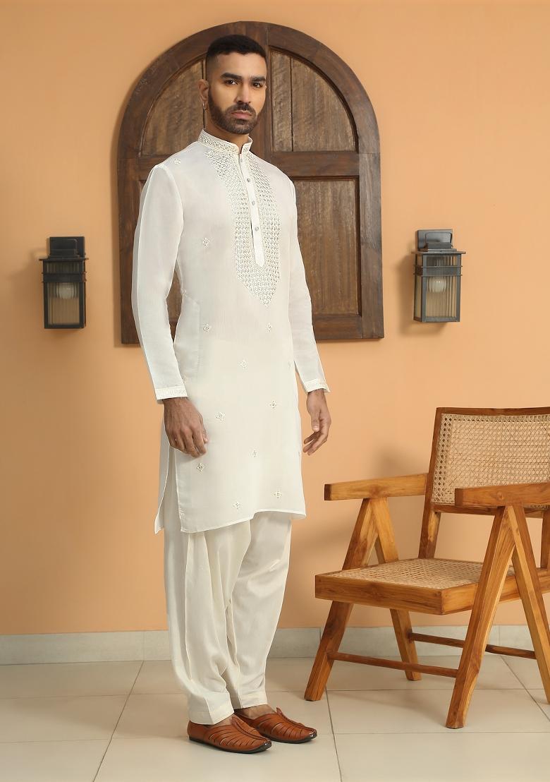 Cream Ethnic Motifs Cotton Silk Kurta For Men