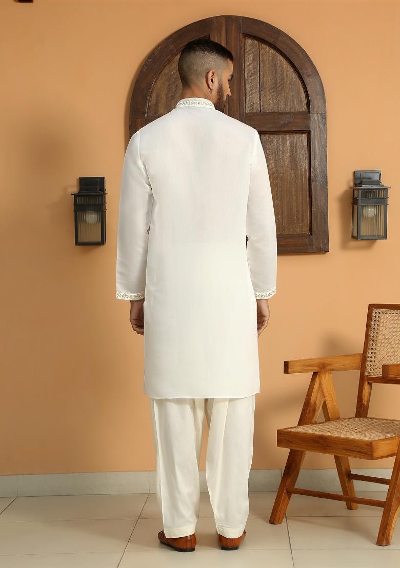 Cream Ethnic Motifs Cotton Silk Kurta For Men