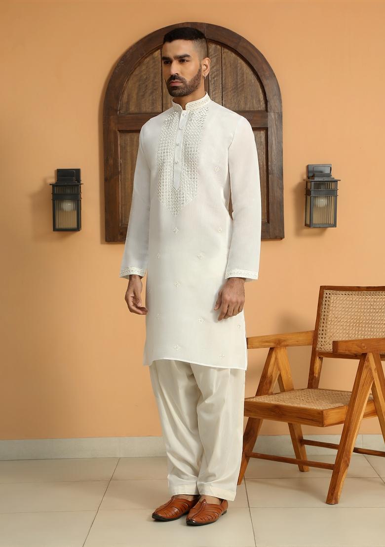 Cream Ethnic Motifs Cotton Silk Kurta For Men