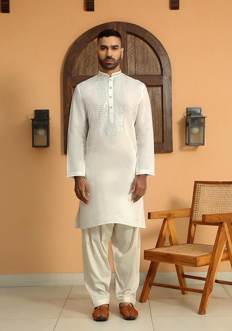 Cream Ethnic Motifs Cotton Silk Kurta For Men