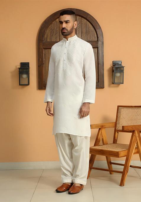 Cream Ethnic Motifs Cotton Silk Kurta For Men