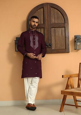 Purple Ethnic Motifs Cotton Silk Kurta For Men