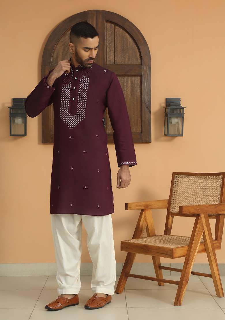 Purple Ethnic Motifs Cotton Silk Blend Kurta For Men - Indya