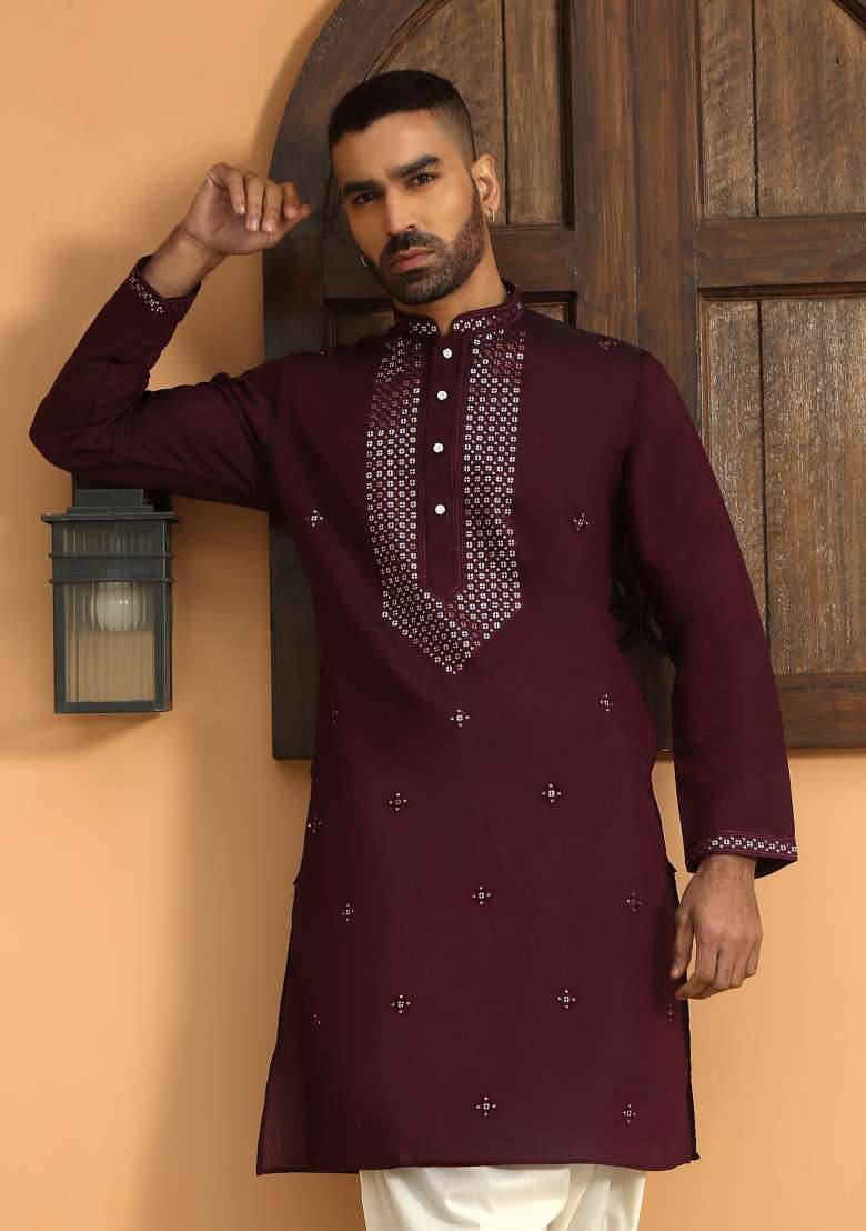 Purple Ethnic Motifs Cotton Silk Blend Kurta For Men - Indya