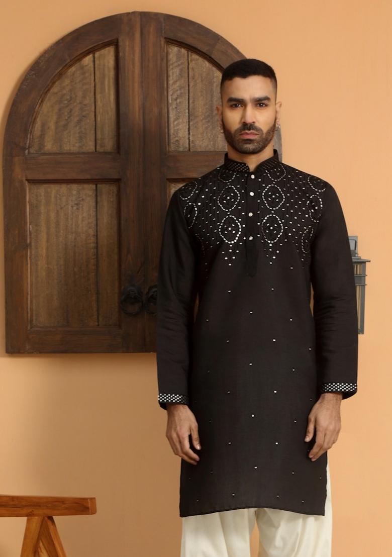 Black Ethnic Motifs Cotton Silk Kurta For Men