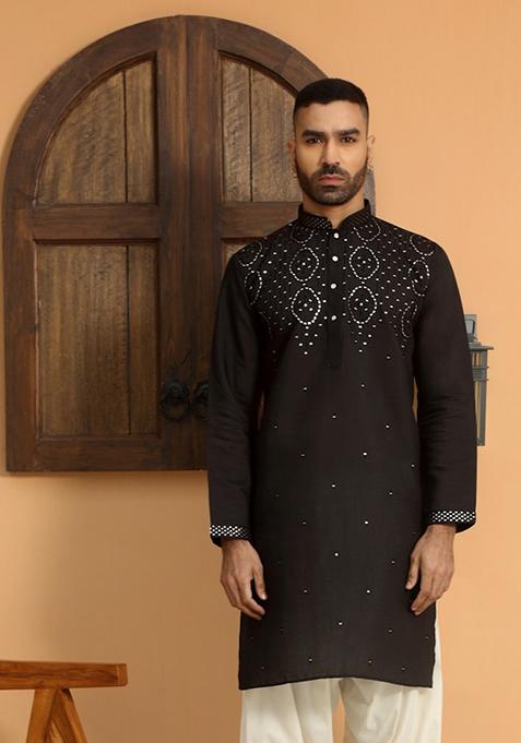 Black Ethnic Motifs Cotton Silk Kurta For Men