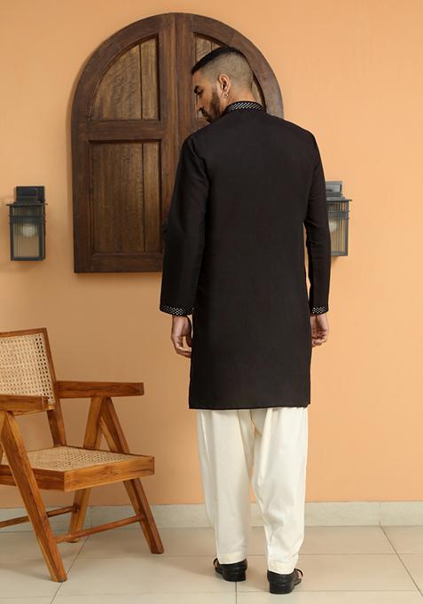 Black Ethnic Motifs Cotton Silk Kurta For Men