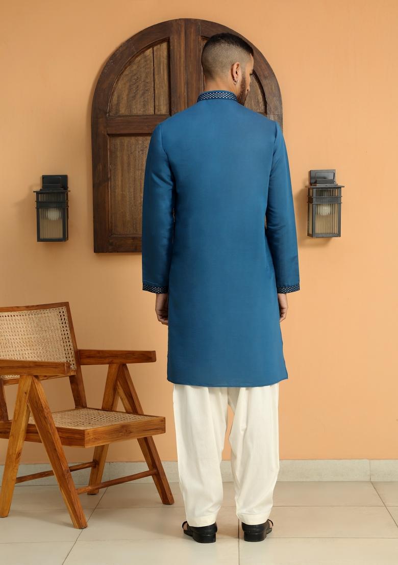 Blue Ethnic Motifs Cotton Silk Kurta For Men