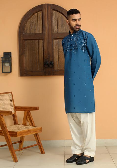 Blue Ethnic Motifs Cotton Silk Kurta For Men