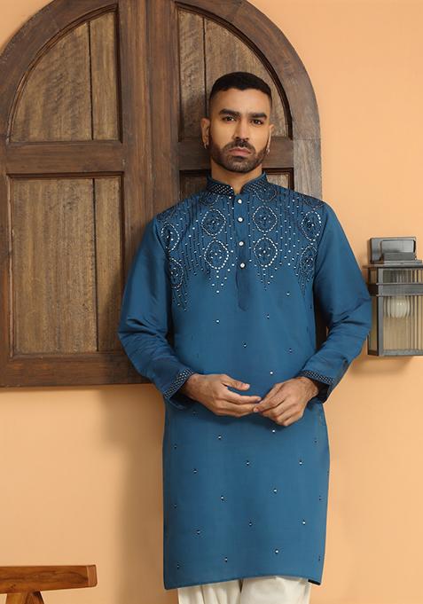 Blue Ethnic Motifs Cotton Silk Kurta For Men