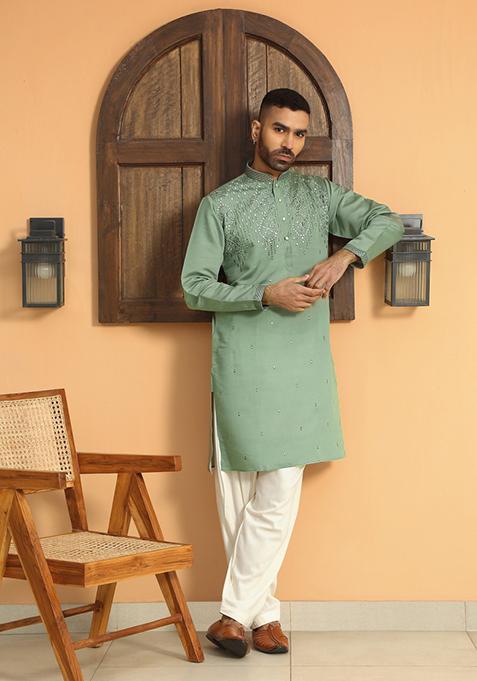 Green Ethnic Motifs Cotton Silk Kurta For Men