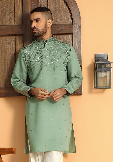 Green Ethnic Motifs Cotton Silk Kurta For Men