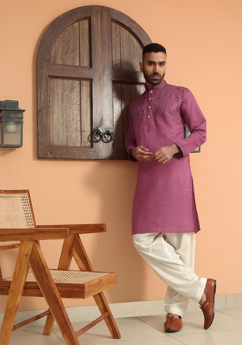 Purple Ethnic Motifs Cotton Silk Kurta For Men