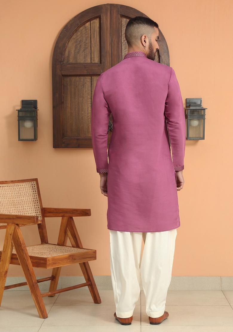 Purple Ethnic Motifs Cotton Silk Kurta For Men