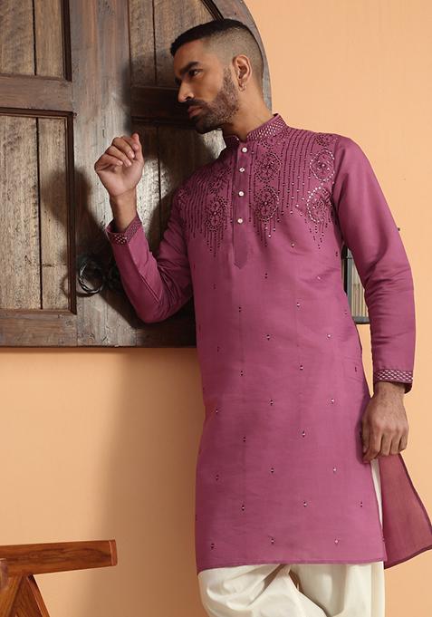 Purple Ethnic Motifs Cotton Silk Kurta For Men