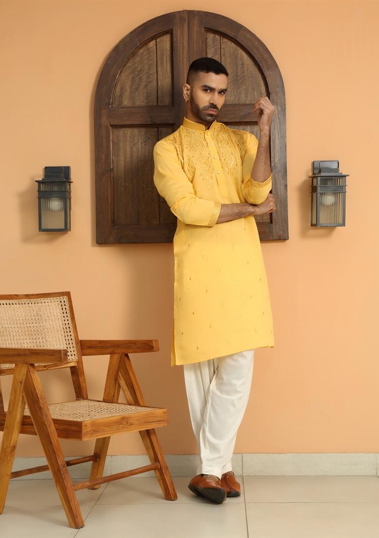 Yellow Ethnic Motifs Cotton Silk Kurta For Men
