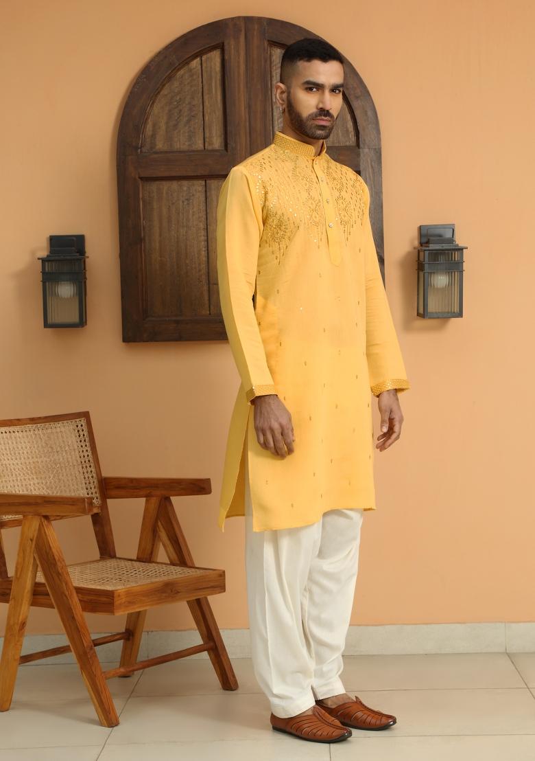 Yellow Ethnic Motifs Cotton Silk Kurta For Men