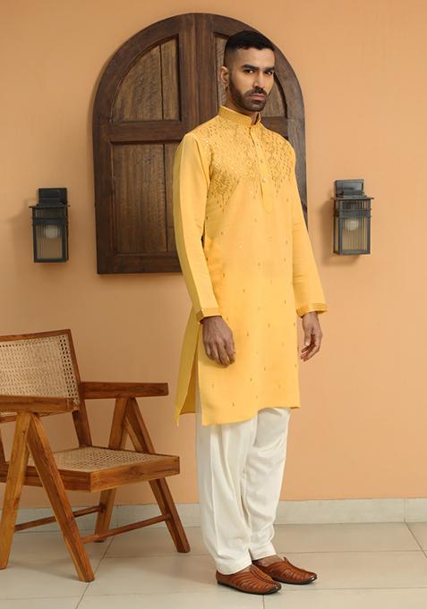 Yellow Ethnic Motifs Cotton Silk Kurta For Men