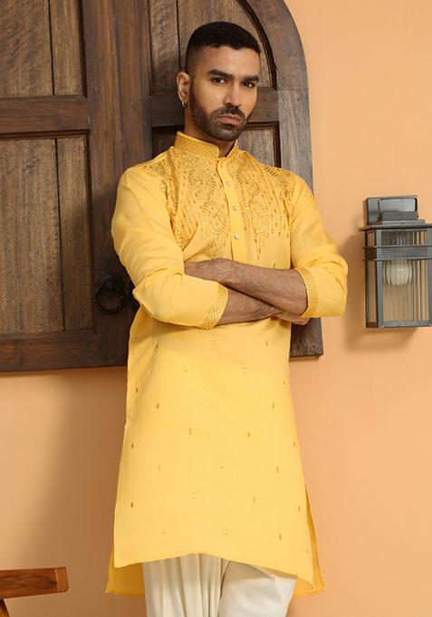 Yellow Ethnic Motifs Cotton Silk Kurta For Men
