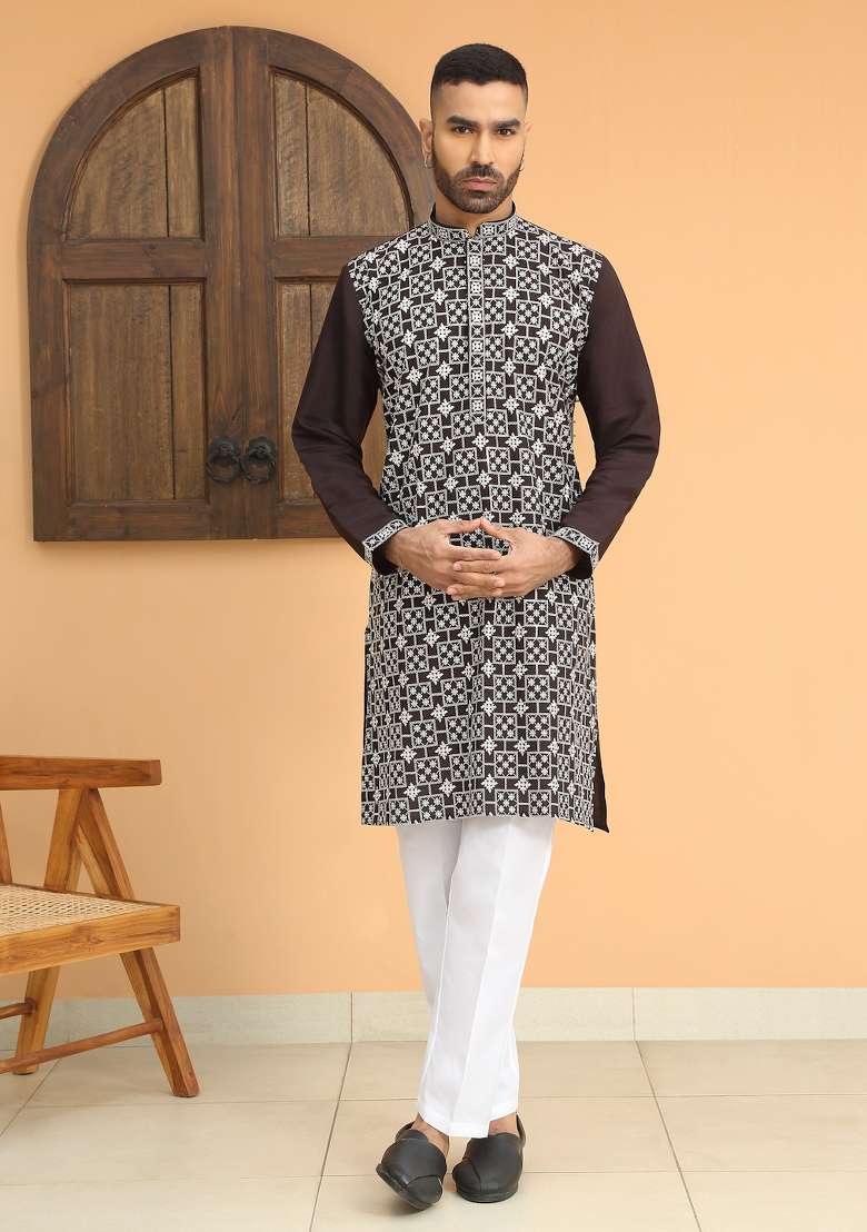Black Geometric Print Cotton Silk Kurta For Men - Indya