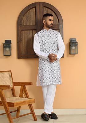 White Geometric Print Cotton Silk Kurta For Men